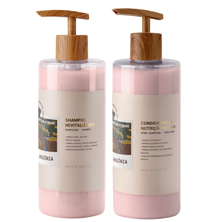 Shampoo Revitalizante e Condicionador Nutrição Intensa versão dispenser de 480ml vegano sustentável e biodegradável para hotelaria, airbnb, spas e pousadas da marca de luxo feito brasil.