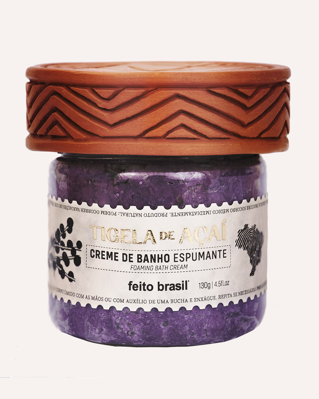 Creme de Banho Espumante de Açaí feito brasil na embalagem artesanal com cerâmica marajoara do Pará