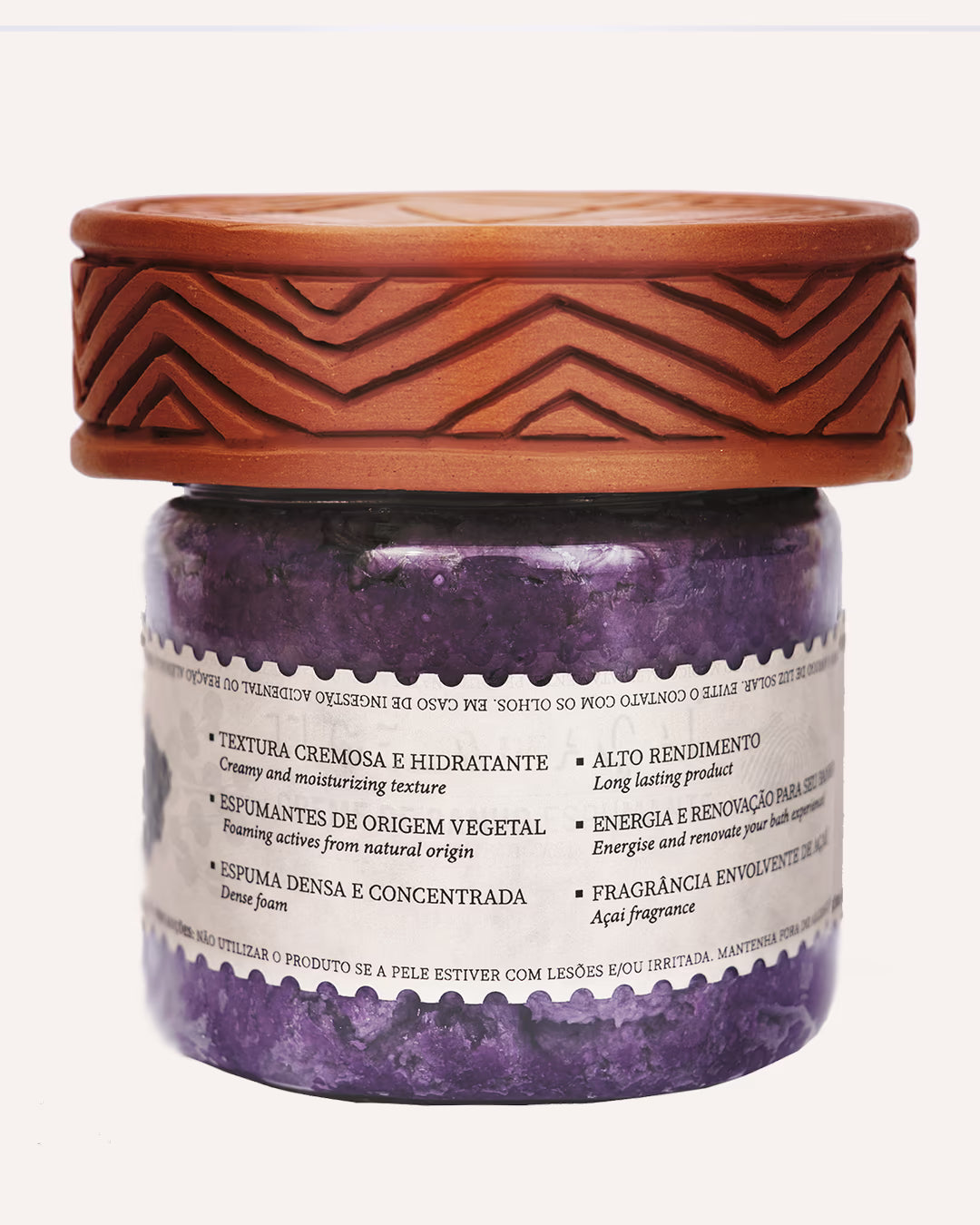 Detalhe do verso do Creme de Banho Espumante de Açaí feito brasil na embalagem artesanal com cerâmica marajoara do Pará