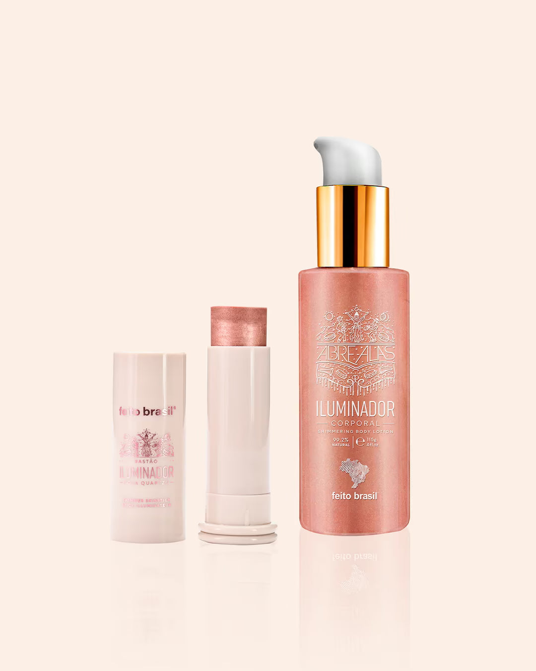 Kit de Iluminador Corporal e Facial em Loção e Bastão na cor Rosa Quartzo