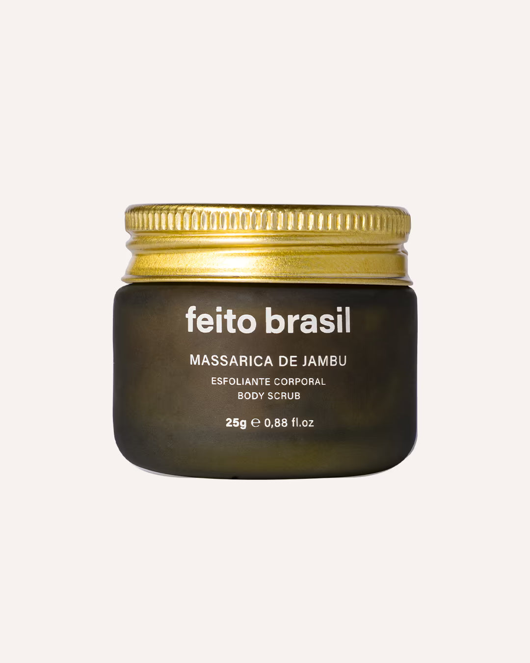 Vista de frente da embalagem pequena do esfoliante de jambu ideal para brindes e amenities de luxo