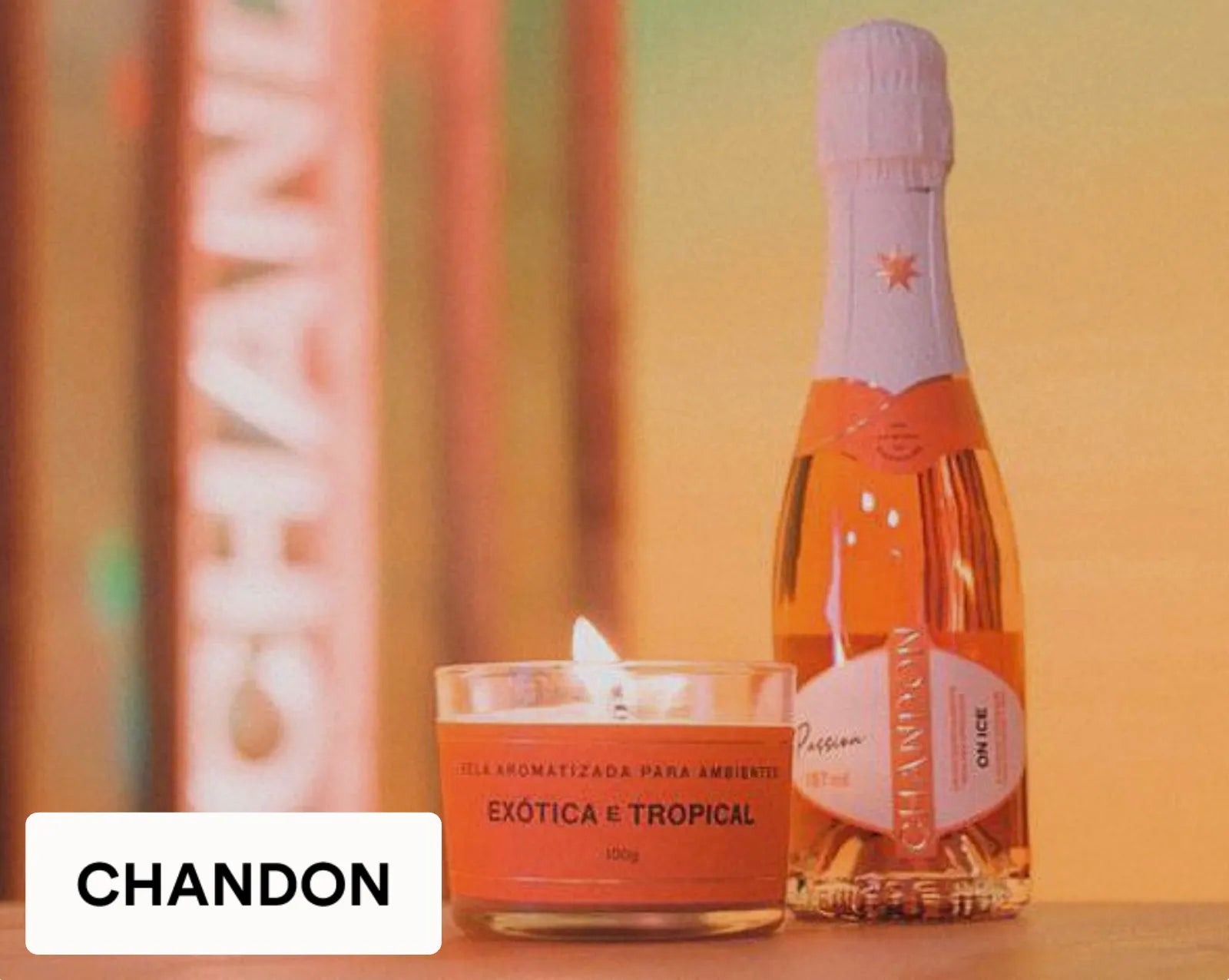 Imagem da Vela para Ambiente, presente corporativo criado por feito brasil em parceria com marca de Chandon especial para o Espumante Brut Passion Rosé.