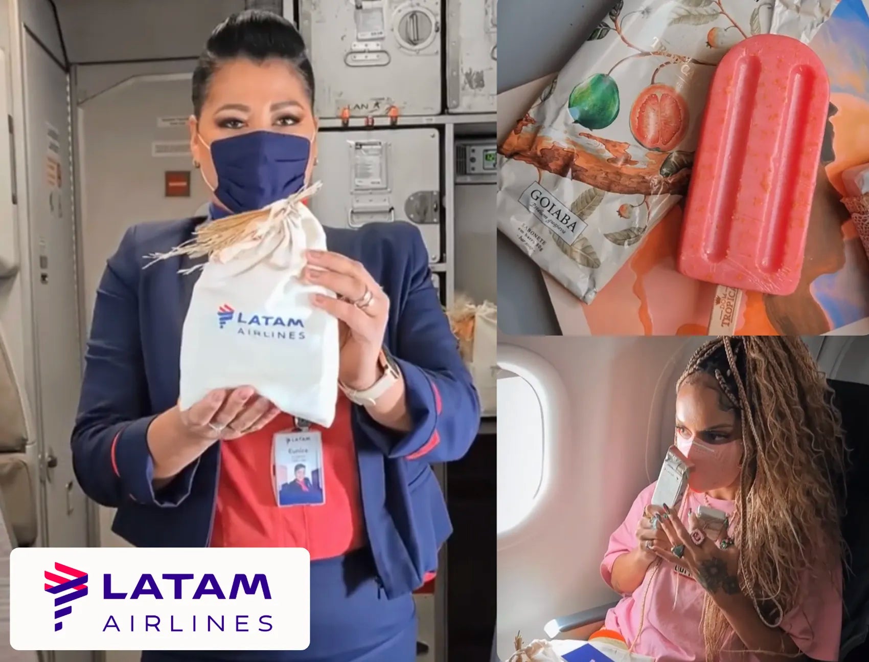 Imagens que ilustram a parceria corporativa entre feito brasil e LATAM Airlines com aeromoça entregando presente e sabonete em formato de picolé da premiada coleção Dom Tropical.