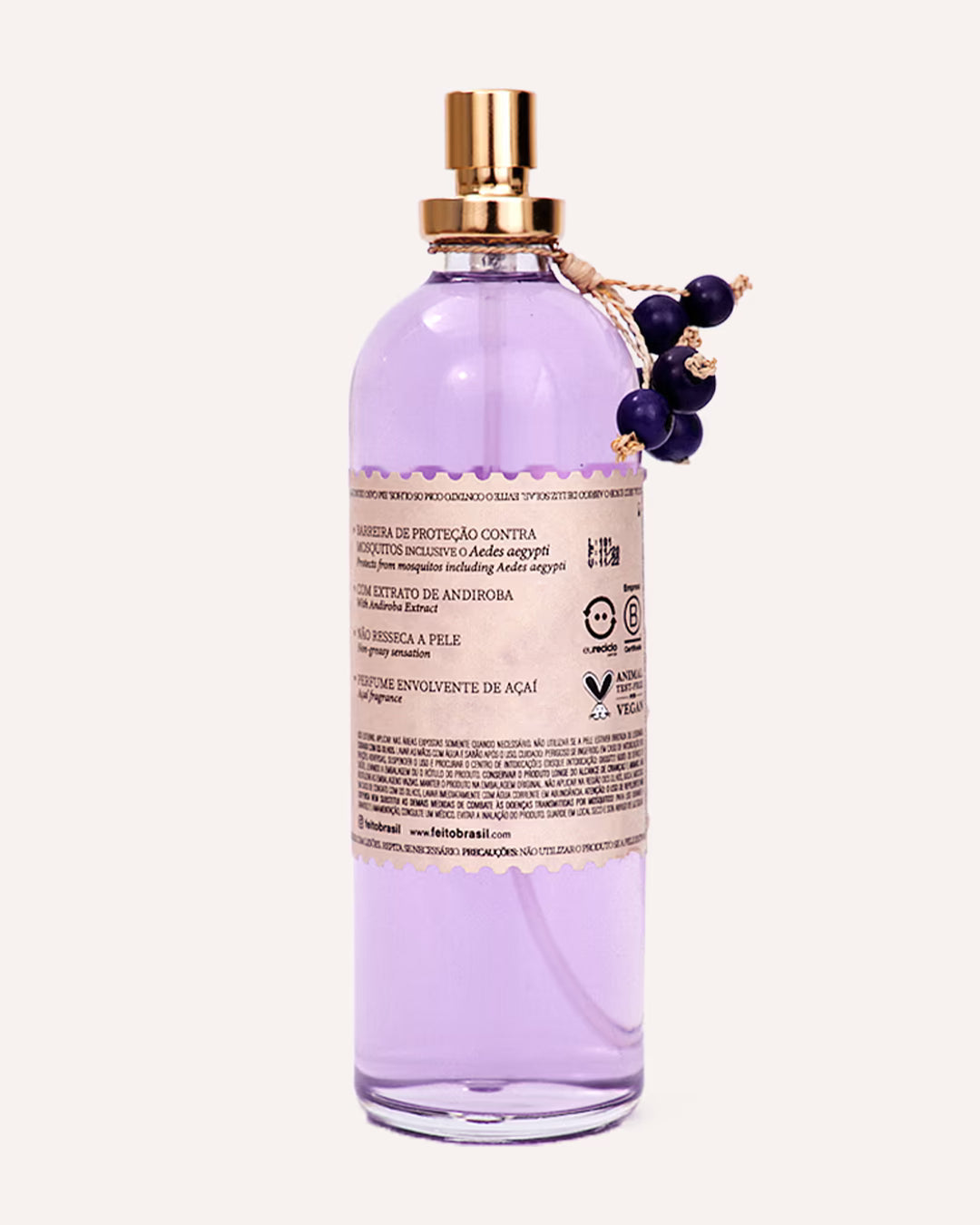 Vista de trás do Spray do Perfume Repelente de Açaí feito brasil - proteção perfumada por 6h contra mosquitos em praia, campo ou montanha