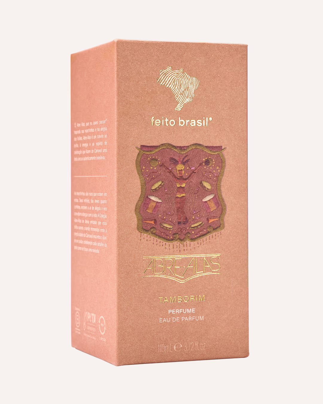Detalhe do cartucho do Perfume Tamborim Autoral Brasileiro de Nicho da feito brasil tipo Eau de Parfum visto de frente