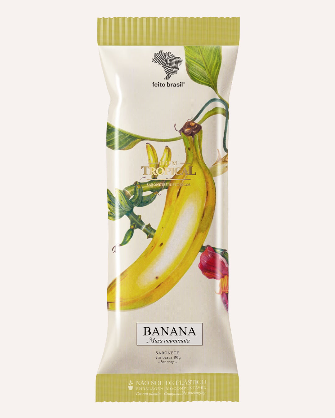 Embalagem biocompostável sustentável do sabonete em barra Dom Tropical Banana da marca feito brasil.