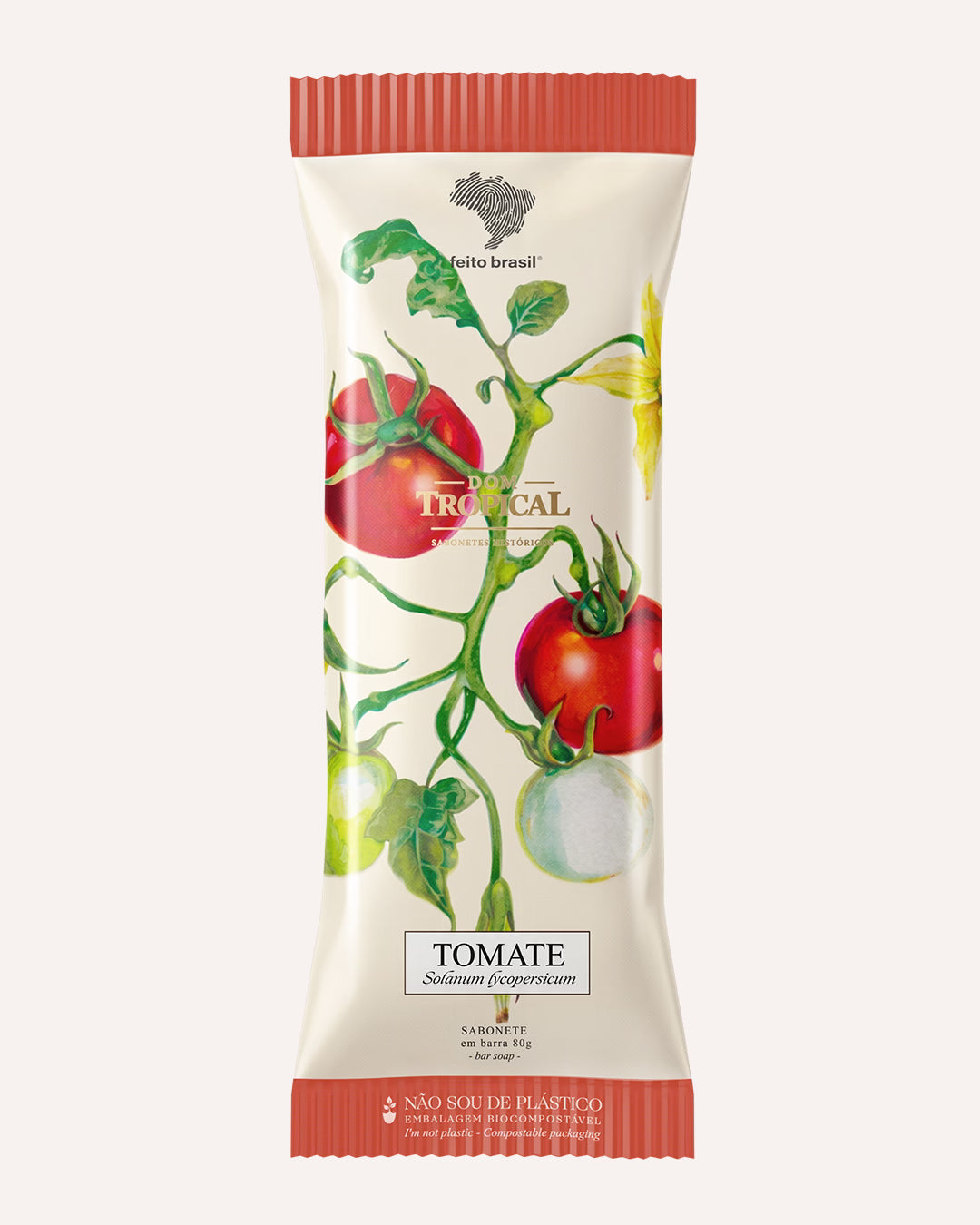 Embalagem biocompostável do sabonete em barra de tomate da coleção Dom Tropical da marca feito brasil.