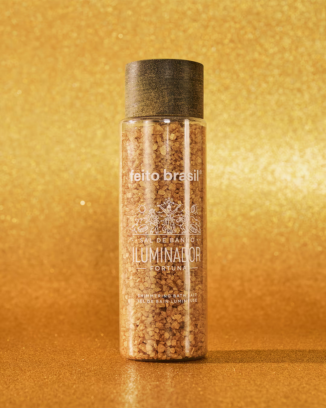 Sais de Banho Dourado Fortuna com partículas de brilho feito brasil