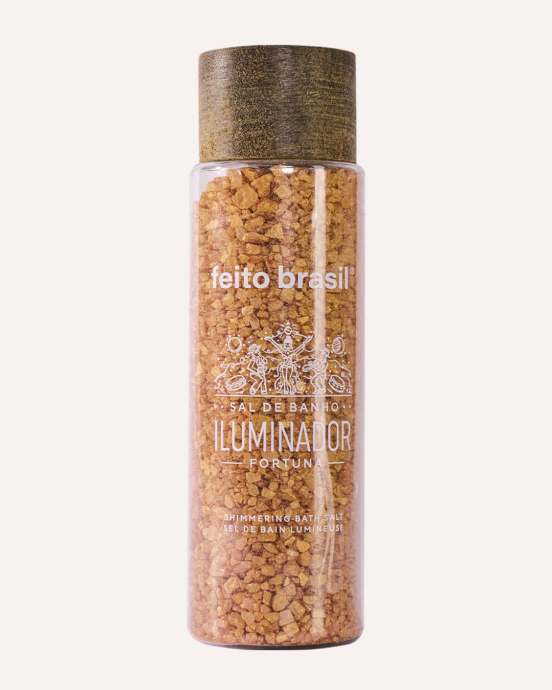 Sais de Banho Dourado Fortuna de Luxo com partículas de brilho feito brasil e tampa de madeira artesanal